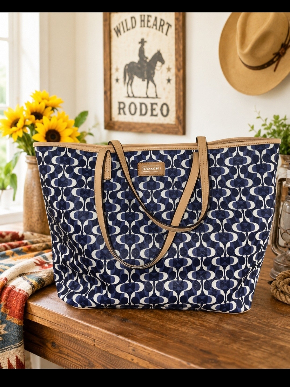 COACH Signature Navy Canvas Tote with Tan Leather Trim